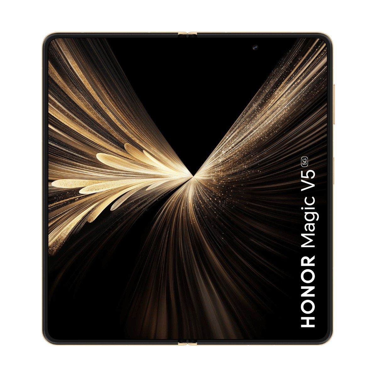 Uno smartphone Honor Magic V5 5G aperto con display nero che mostra linee di luce dorate e radianti.