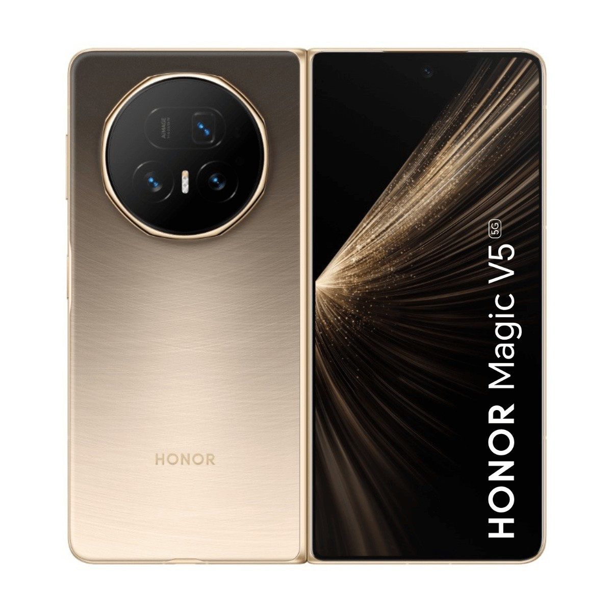 Telefono Honor Magic V5 aperto, retro dorato con modulo fotocamera e schermo con scie luminose dorate.