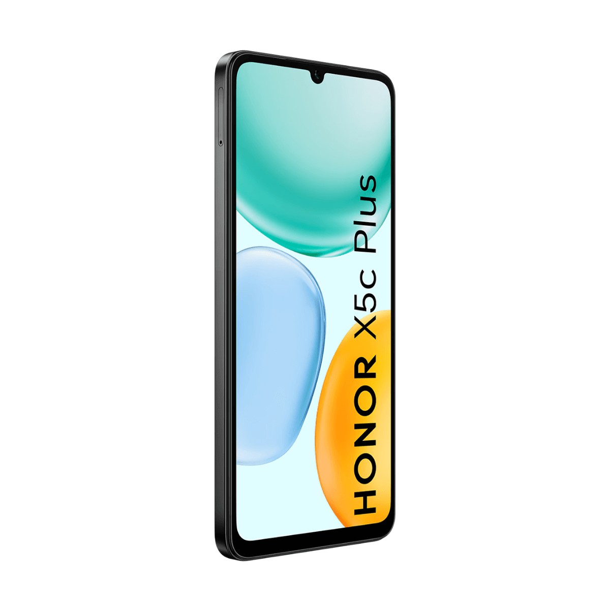 Un smartphone Honor X5c Plus noir est debout, son écran affichant un motif de bulles bleu-turquoise et jaune.
