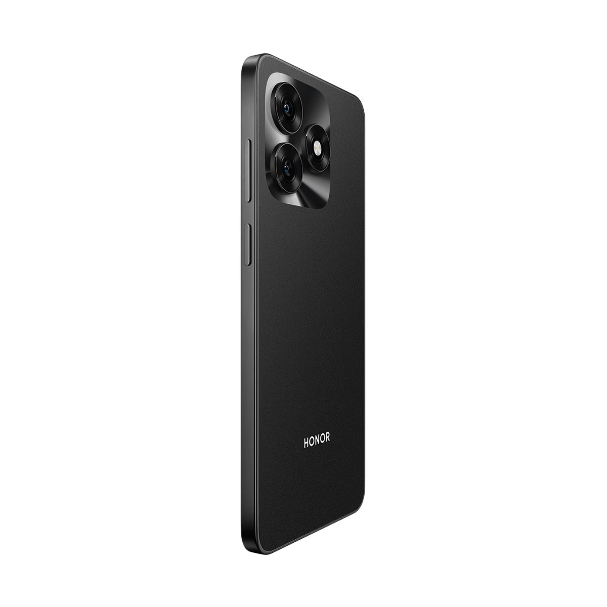 Vue arrière d'un smartphone noir Honor avec un triple appareil photo et le logo de la marque.