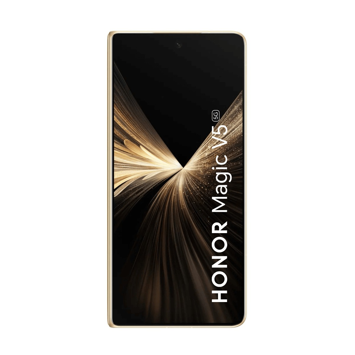 Smartphone Honor Magic V5 5G con cornice dorata e scie di luce dorate astratte sullo schermo.