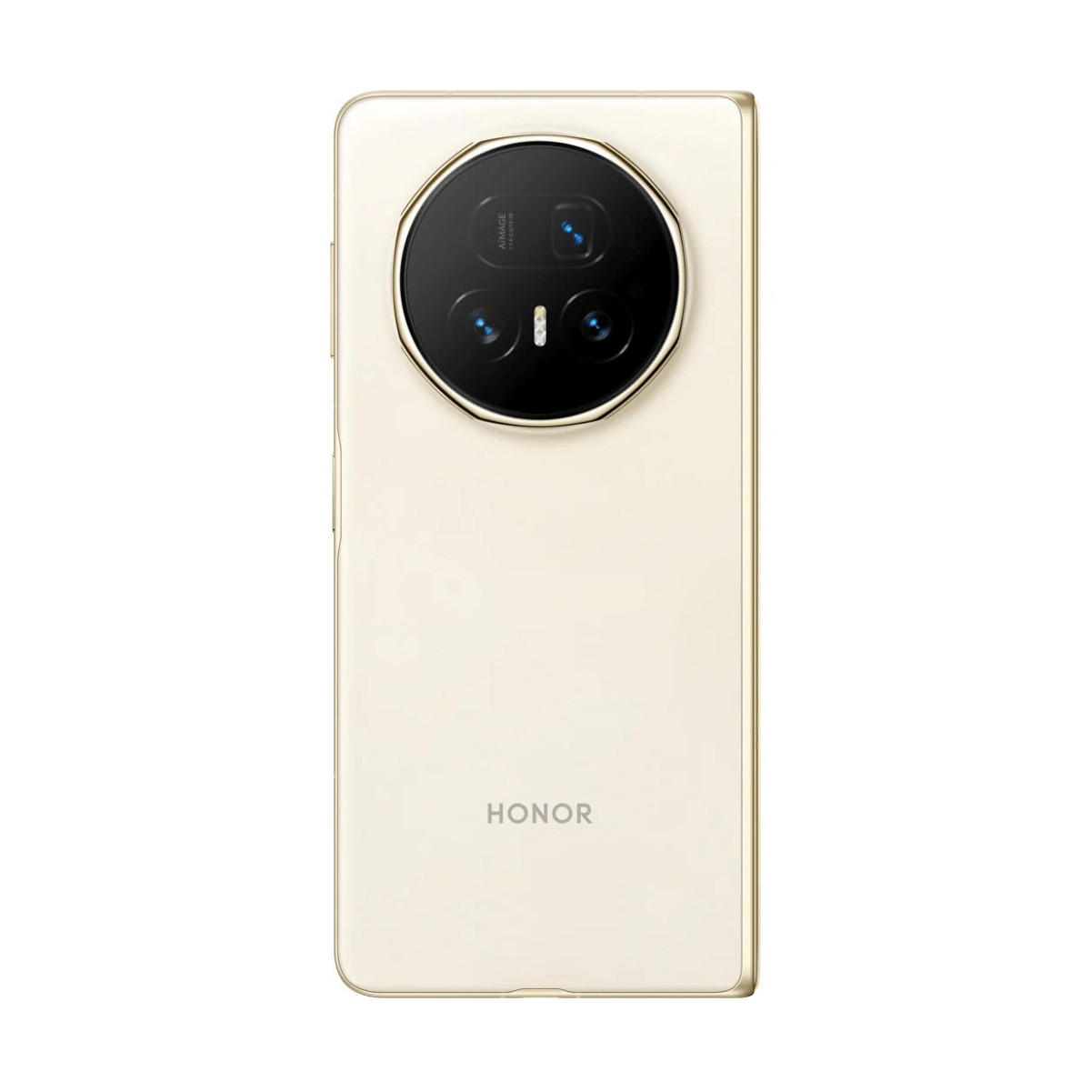Retro di uno smartphone Honor dorato con grande modulo fotocamera circolare e logo.