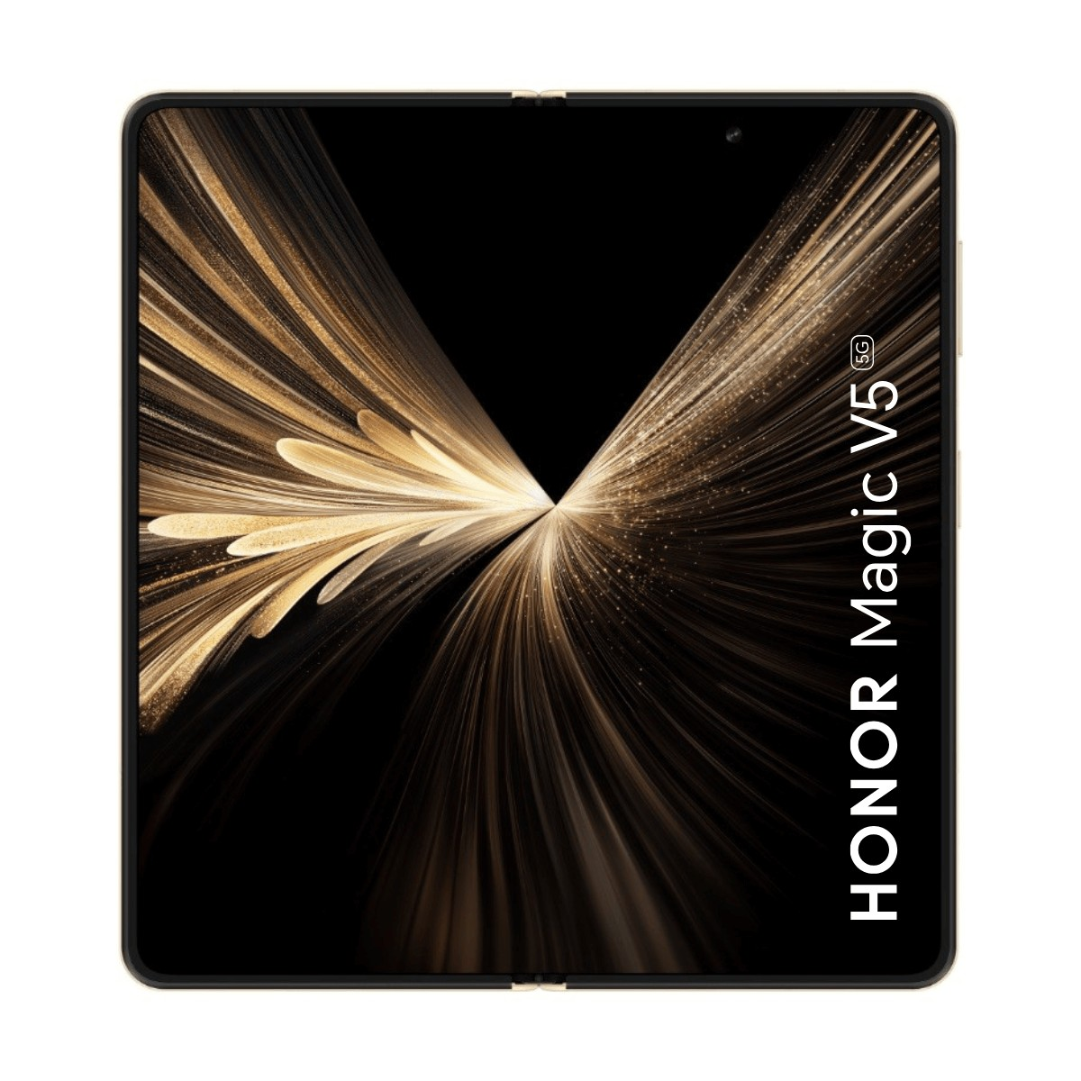 Uno smartphone Honor Magic V5 5G aperto mostra un raggio di luce dorata sullo schermo.