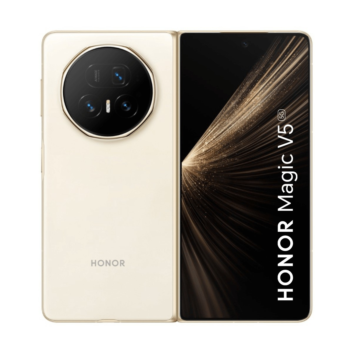 Smartphone Honor Magic V5 5G dorato, aperto, con modulo fotocamera rotondo e design elegante su sfondo bianco.