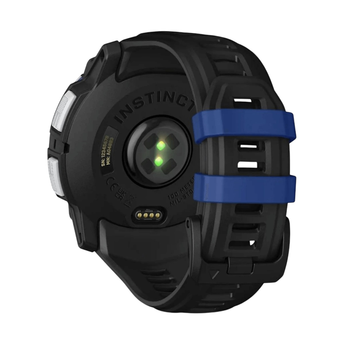 Rückseite einer schwarzen Sportuhr mit grünem Herzfrequenzsensor und blauen Bandschlaufen.