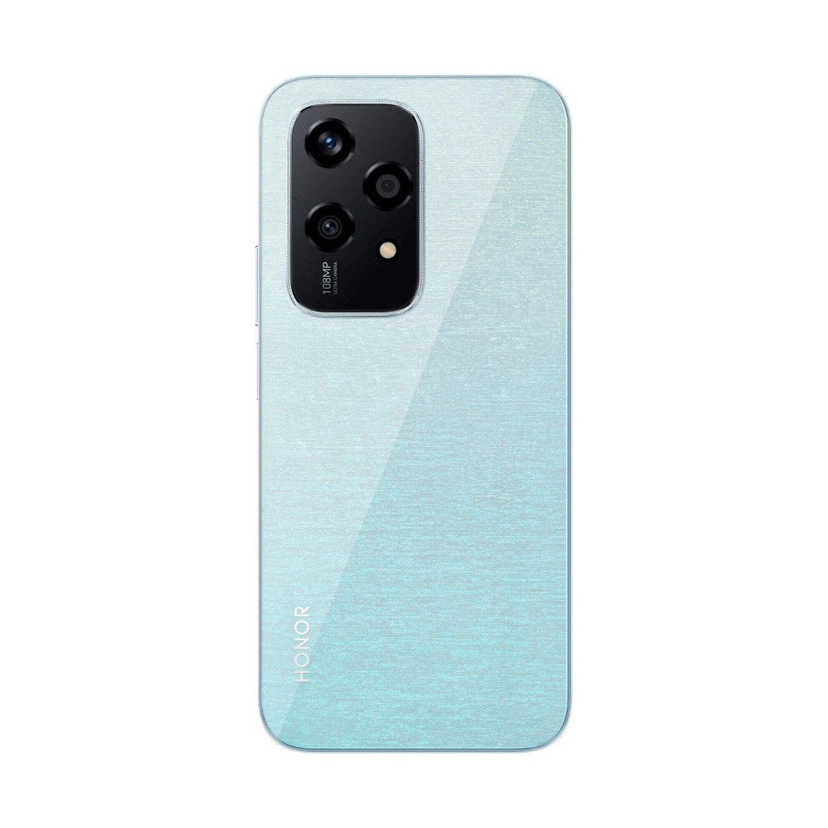 Hellblaues Honor-Smartphone, Rückseite mit dreifacher Kamera und Markenlogo.