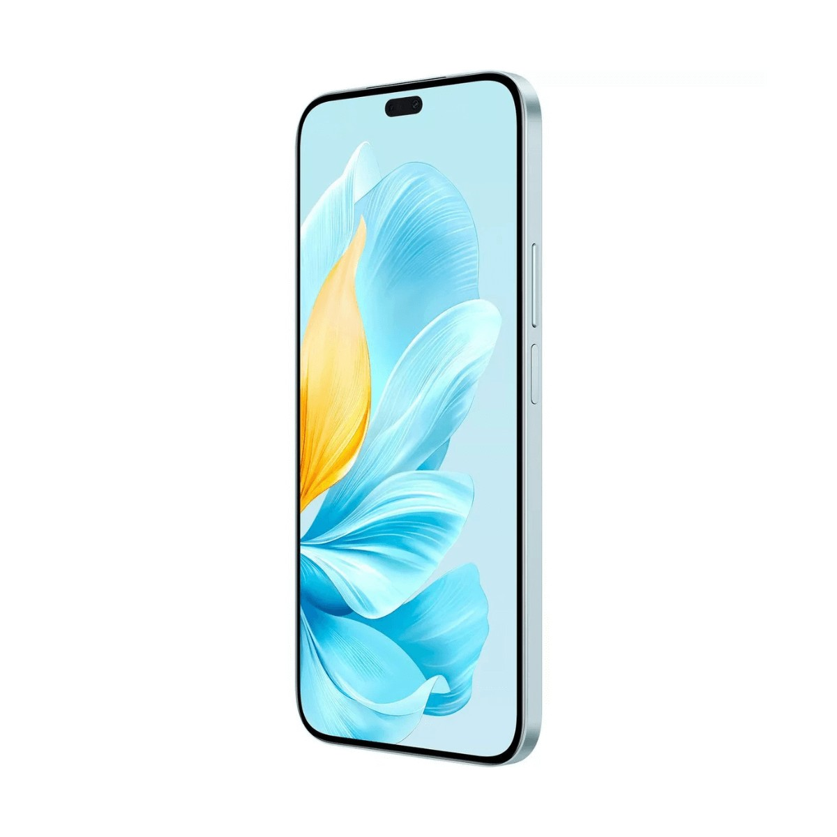 Ein nach links gedrehtes Smartphone zeigt ein lebhaftes blau-gelbes abstraktes Bluhmenhintergrundbild.