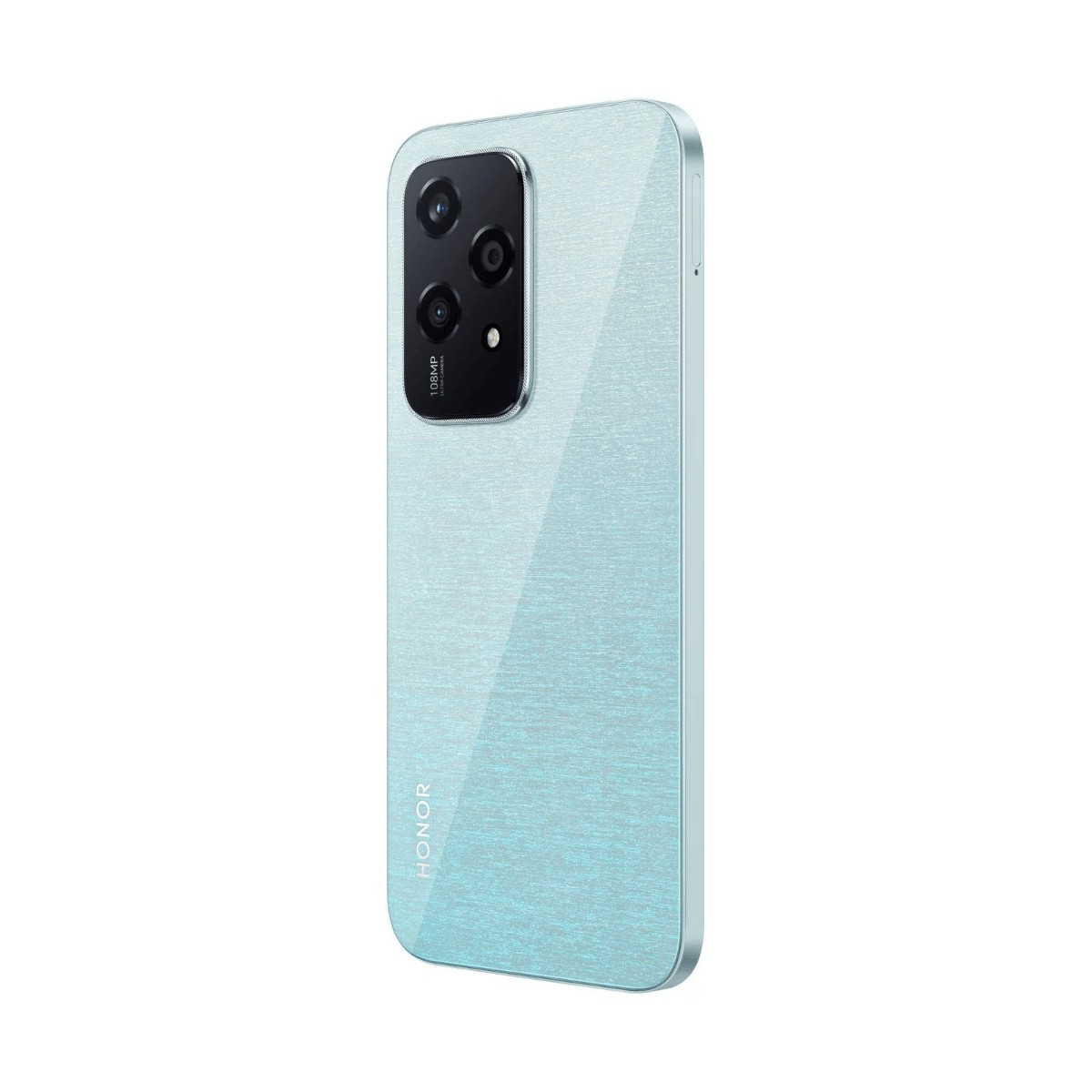 Hellblaues Honor-Smartphone mit dreifacher Kamera und strukturierter Rückseite.