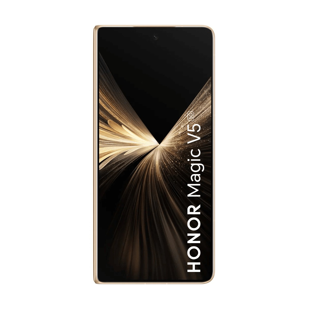 Smartphone Honor Magic V5 5G en or avec un élégant graphique abstrait sur l'écran.