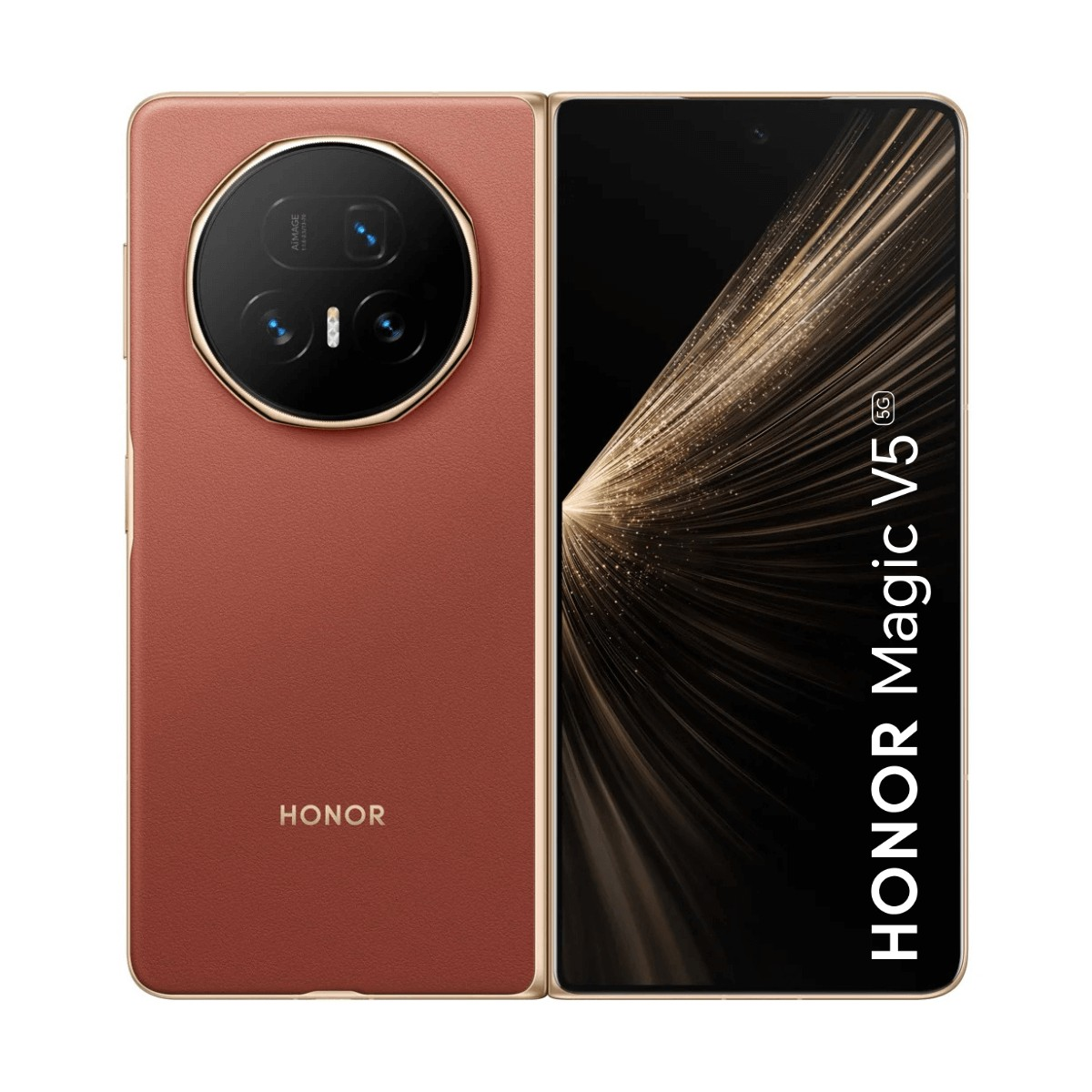 Smartphone pliable Honor Magic V5 5G avec dos en cuir marron et module photo circulaire.