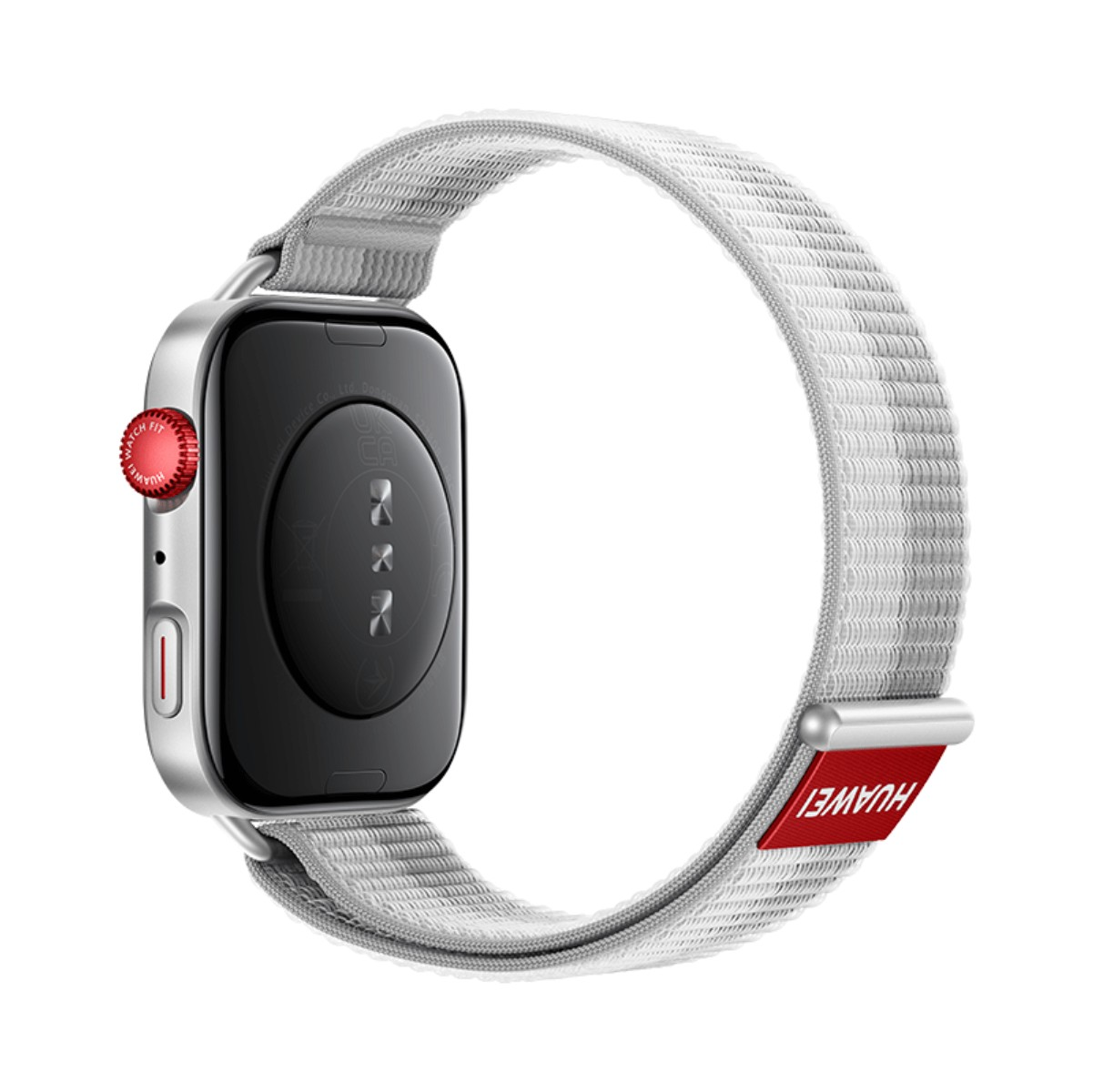 Uno smartwatch con cassa argentata, corona rossa e cinturino in tessuto chiaro con logo Huawei su sfondo bianco.