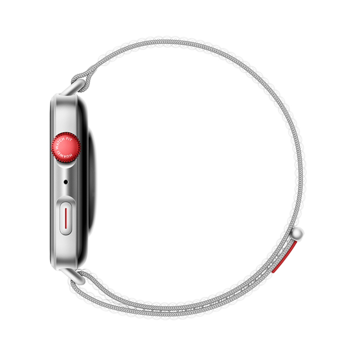 Uno smartwatch argento con corona rossa e cinturino grigio intrecciato su sfondo bianco.