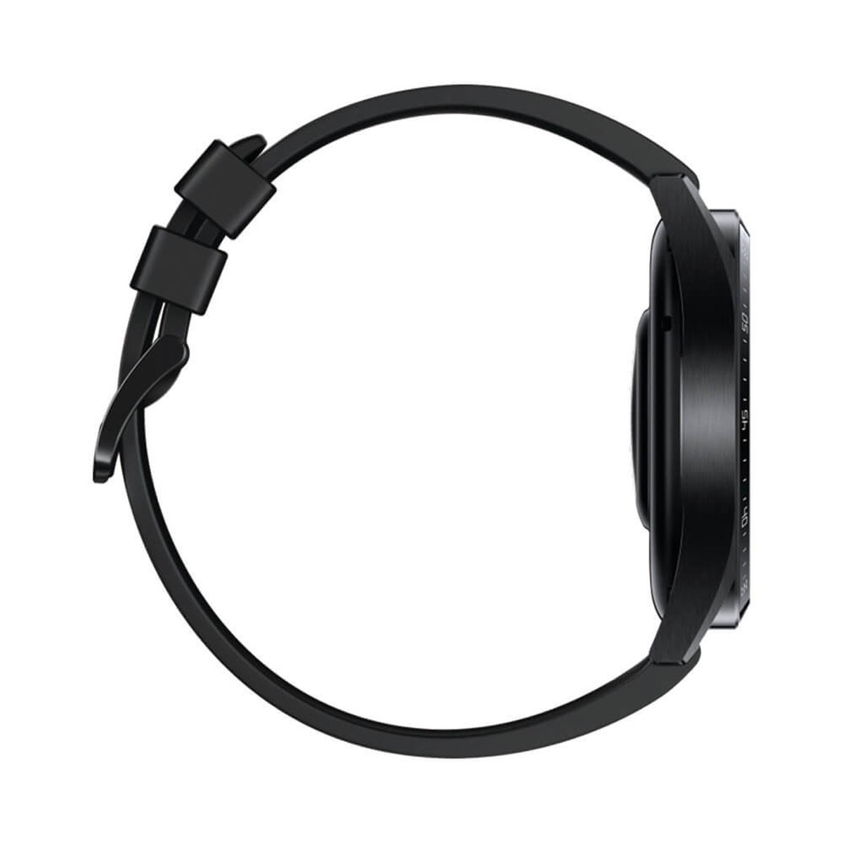 Vista laterale di uno smartwatch nero rotondo con cinturino in silicone nero su sfondo bianco.
