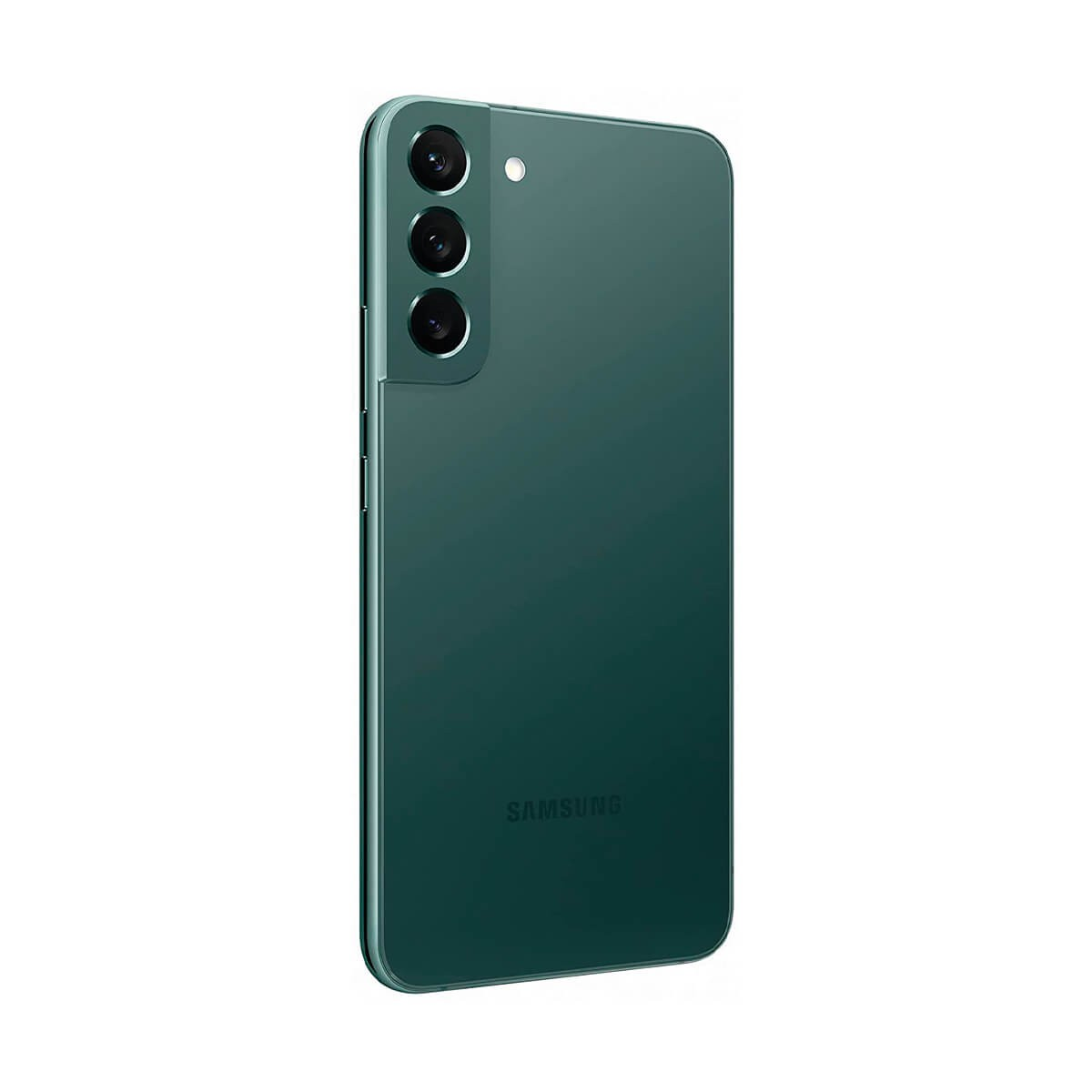 Vista posteriore di uno smartphone Samsung verde scuro con tre fotocamere e logo Samsung su sfondo bianco.