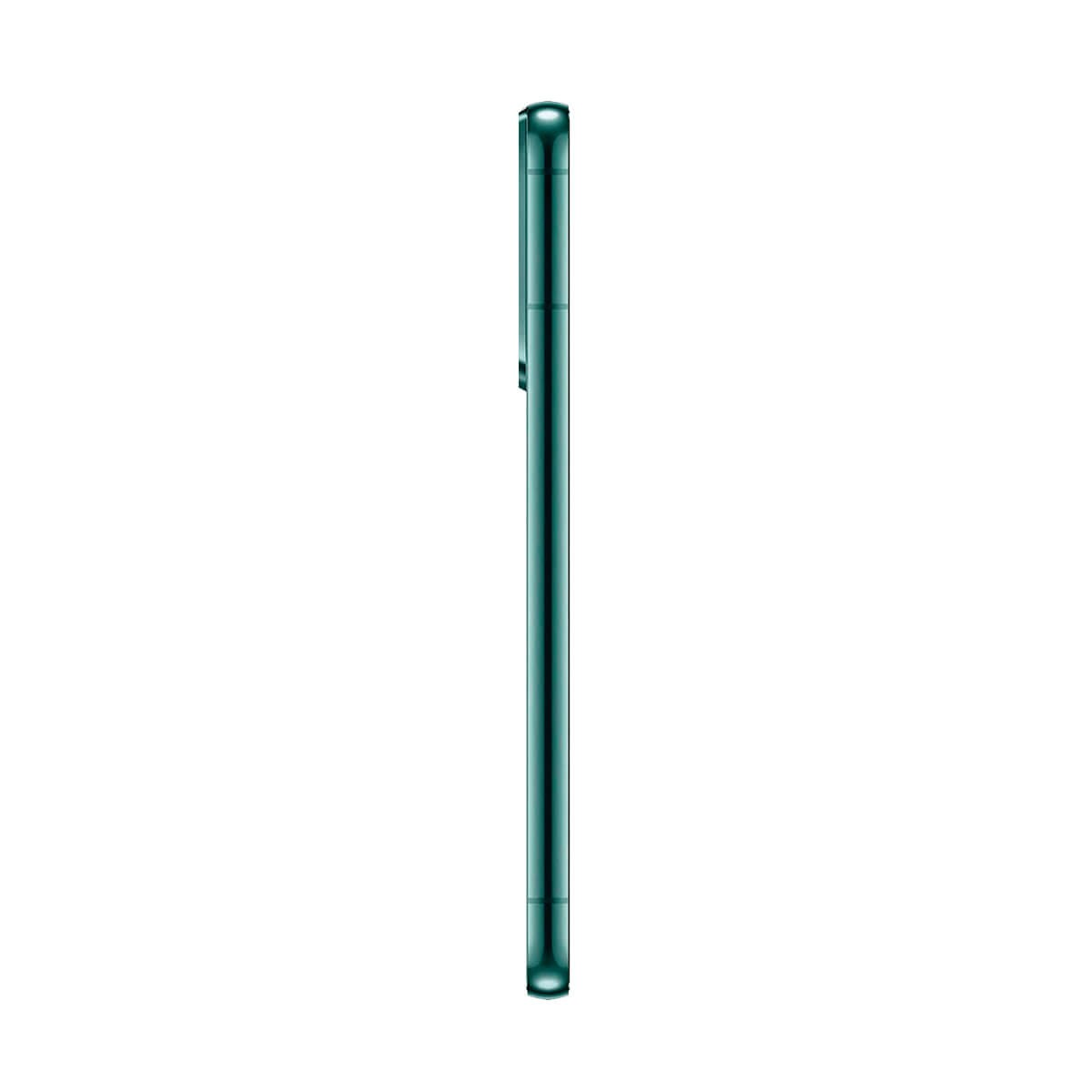 Vista laterale di uno smartphone sottile verde scuro su sfondo bianco.