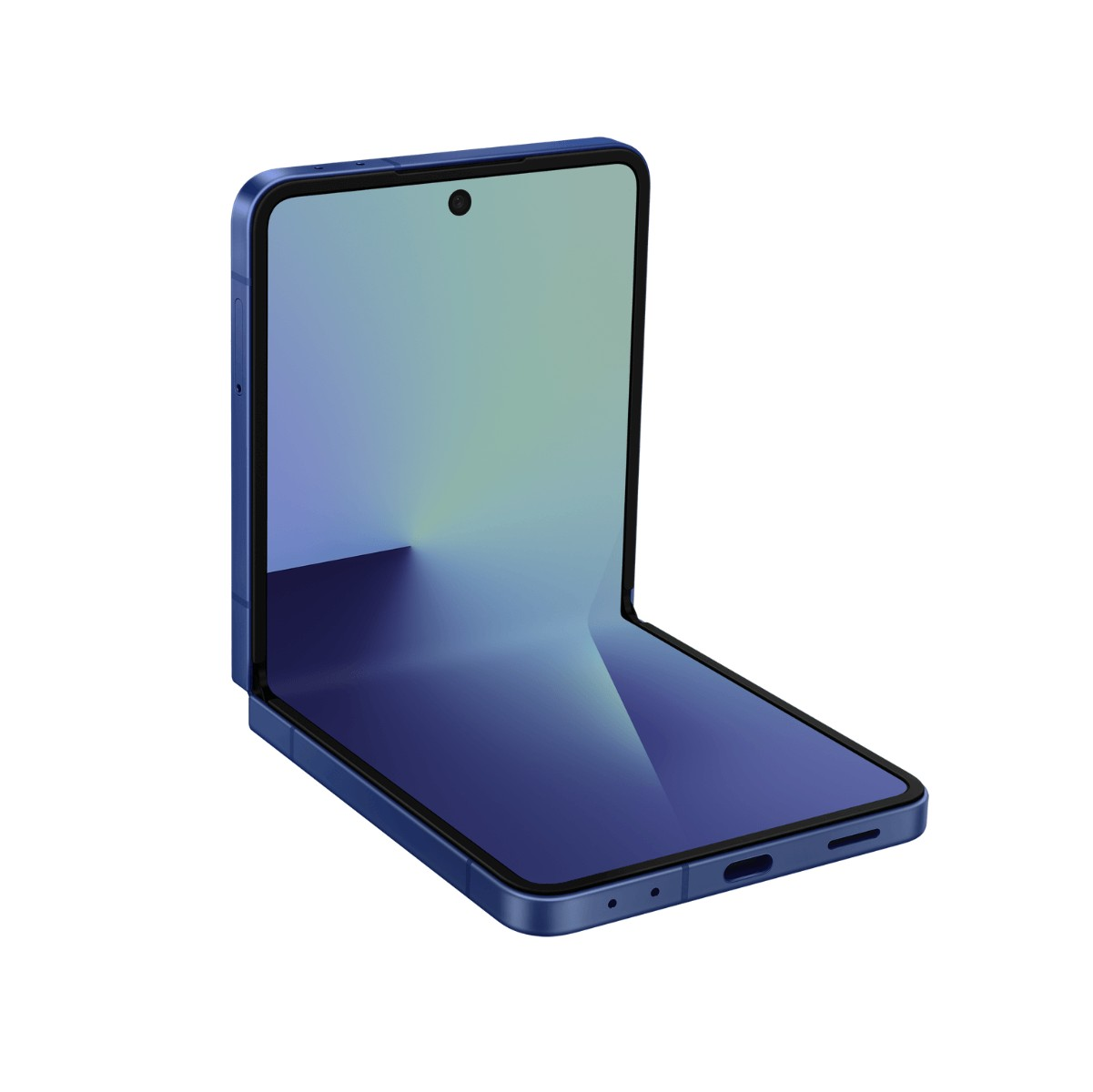 Un smartphone pliable bleu avec un écran flexible sur fond blanc.