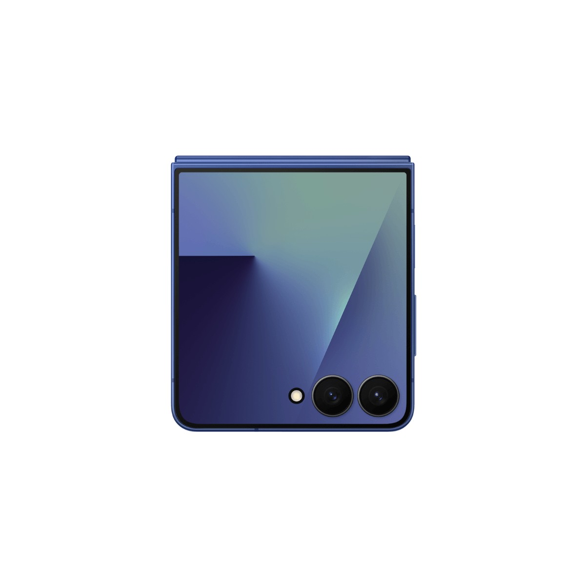 Un smartphone pliable bleu fermé, doté d'un écran externe, de deux objectifs photo et d'un flash.
