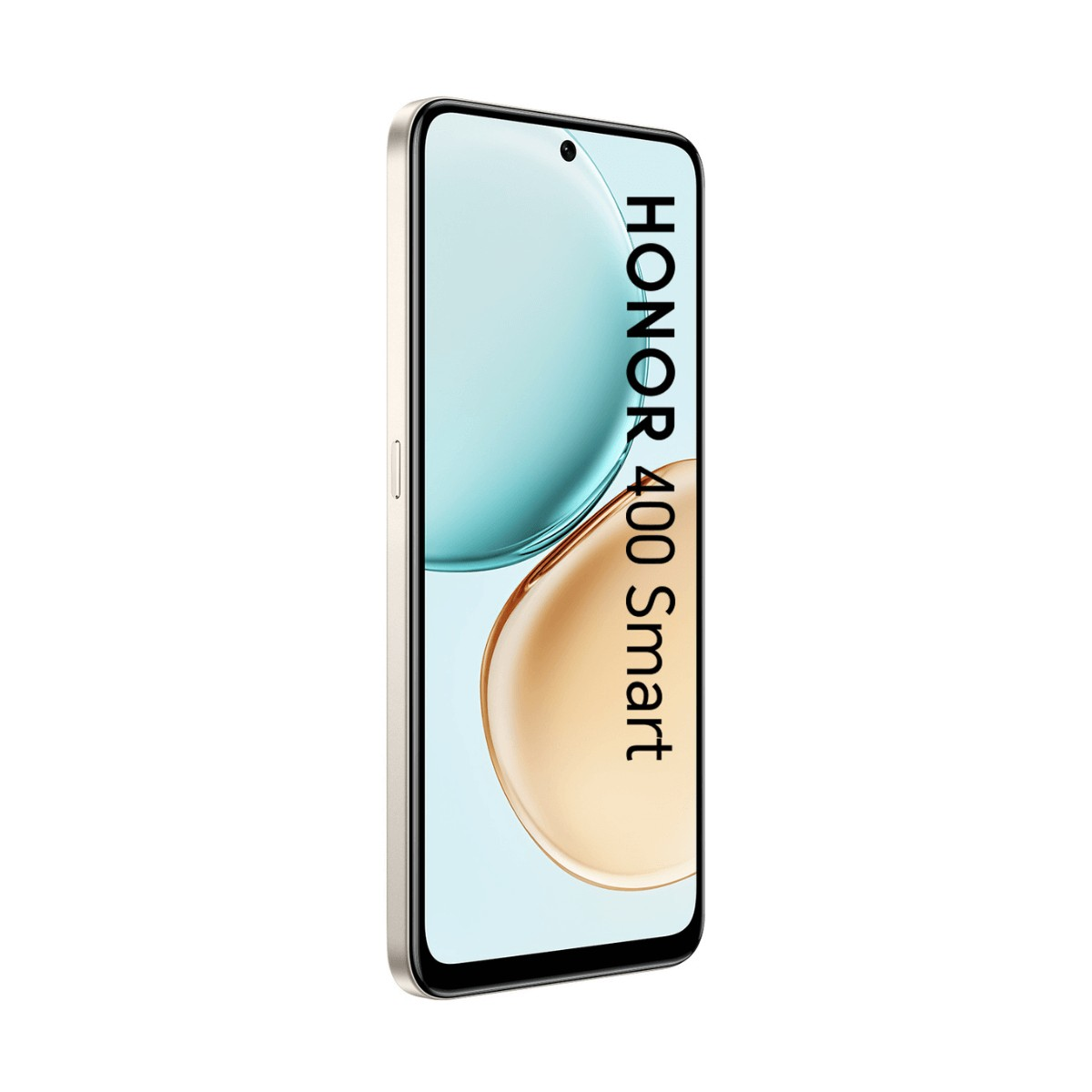 Un smartphone blanco HONOR 400 Smart vertical sobre fondo blanco, la pantalla muestra formas turquesas y doradas.