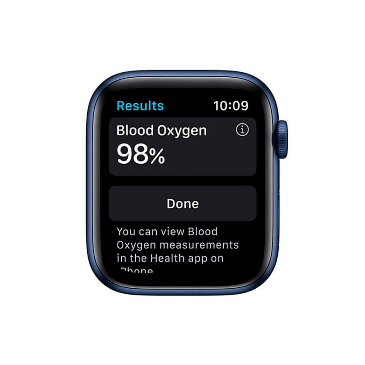 Smartwatch mit 98% Blutsauerstoffergebnisanzeige und Done-Button.