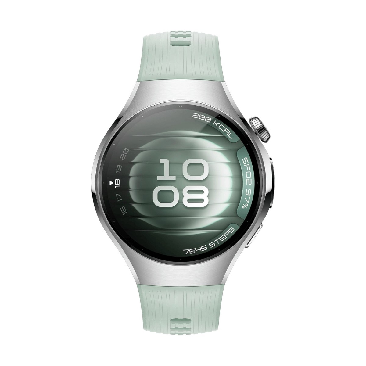 Eine silberne Smartwatch mit mintgrünem Silikonarmband zeigt digital die Uhrzeit 10:08 und Fitnessdaten an.