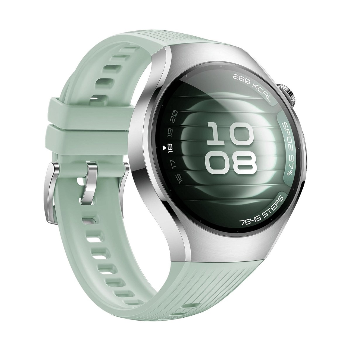 Eine elegante Smartwatch mit silbernem Gehäuse, grünem Silikonarmband und digitaler Anzeige auf weißem Hintergrund.