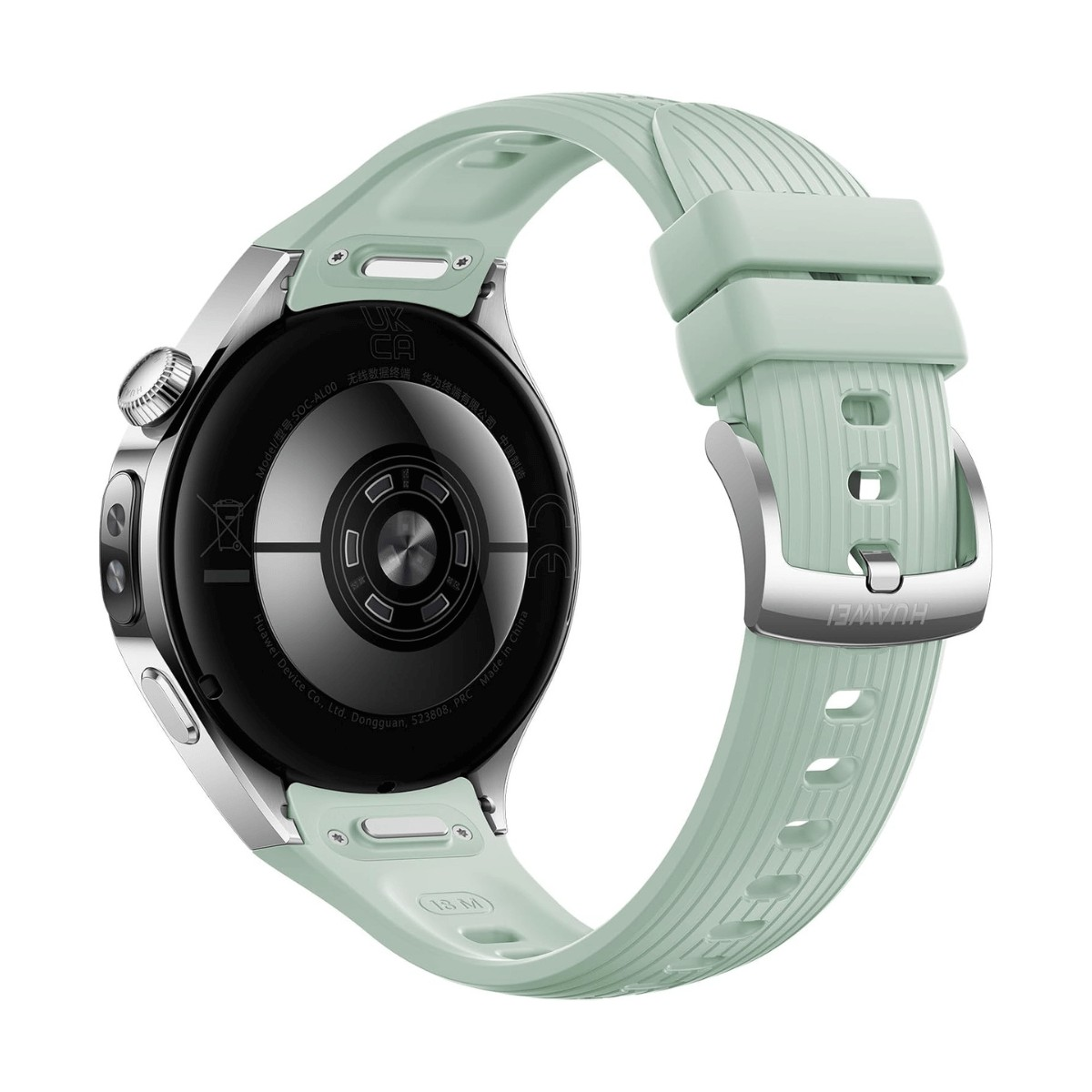 Rückansicht einer silbernen Smartwatch mit hellgrünem Silikonarmband und Sensoren.