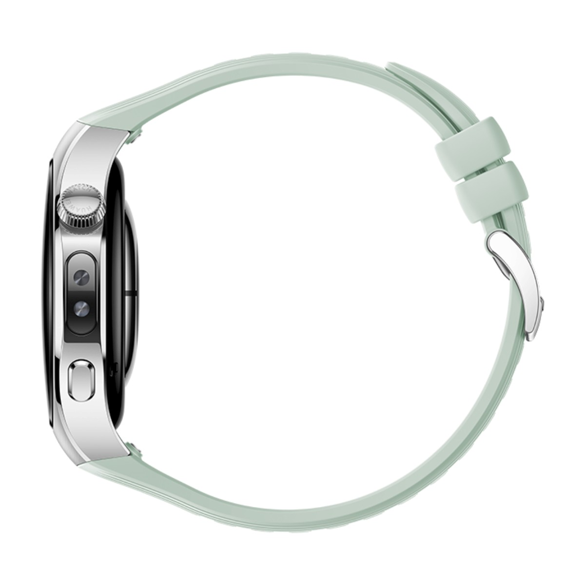 Seitenansicht einer Smartwatch mit silbernem Gehäuse, schwarzem Rand und mintgrünem Silikonarmband auf weißem Hintergrund.