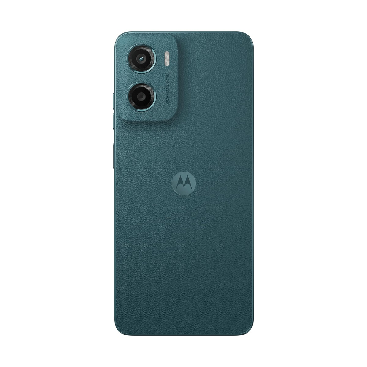 Retro di uno smartphone Motorola blu con doppia fotocamera e logo.