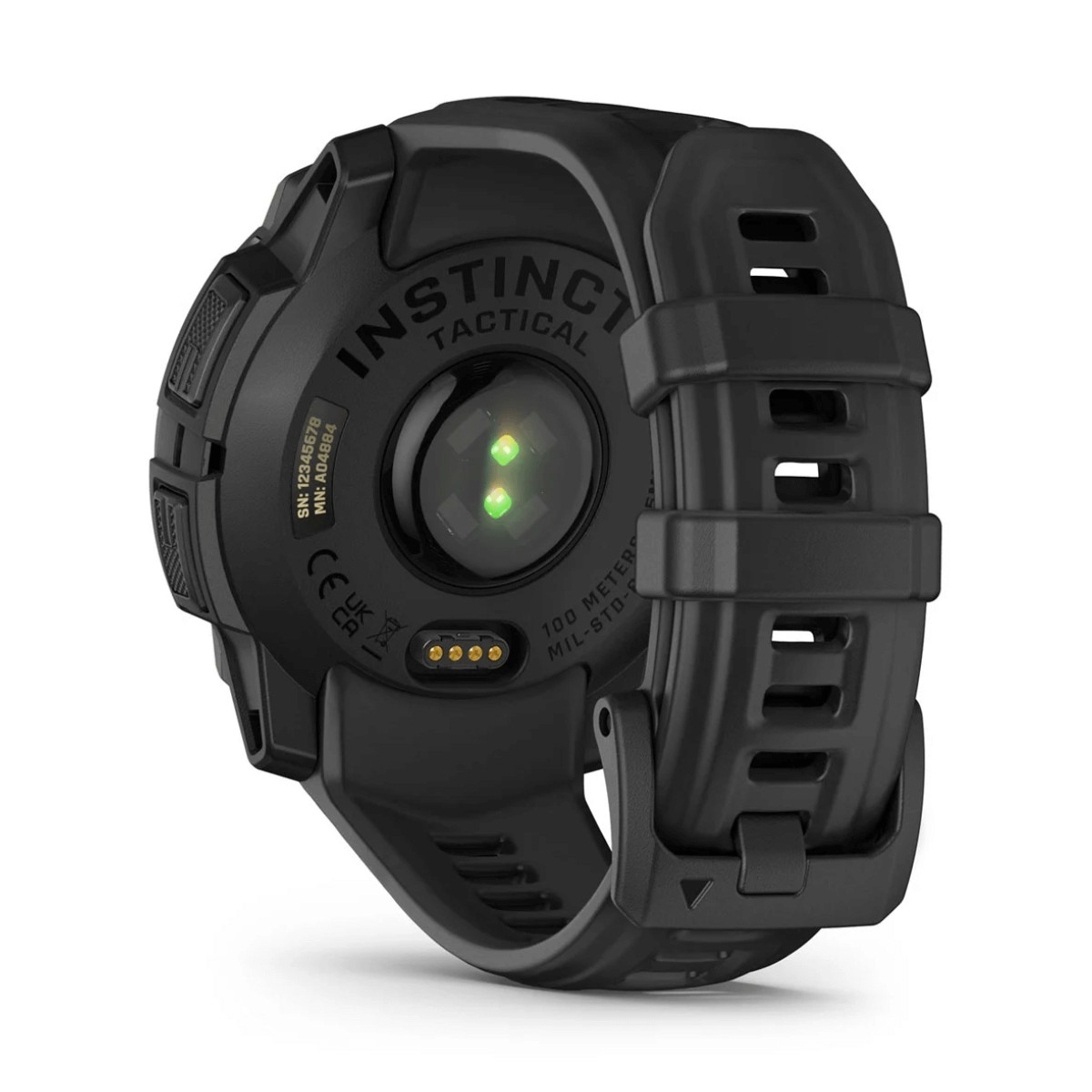 Rückseite der schwarzen Garmin Instinct Tactical Uhr mit Sensoren, Ladeanschluss und Kautschukarmband.