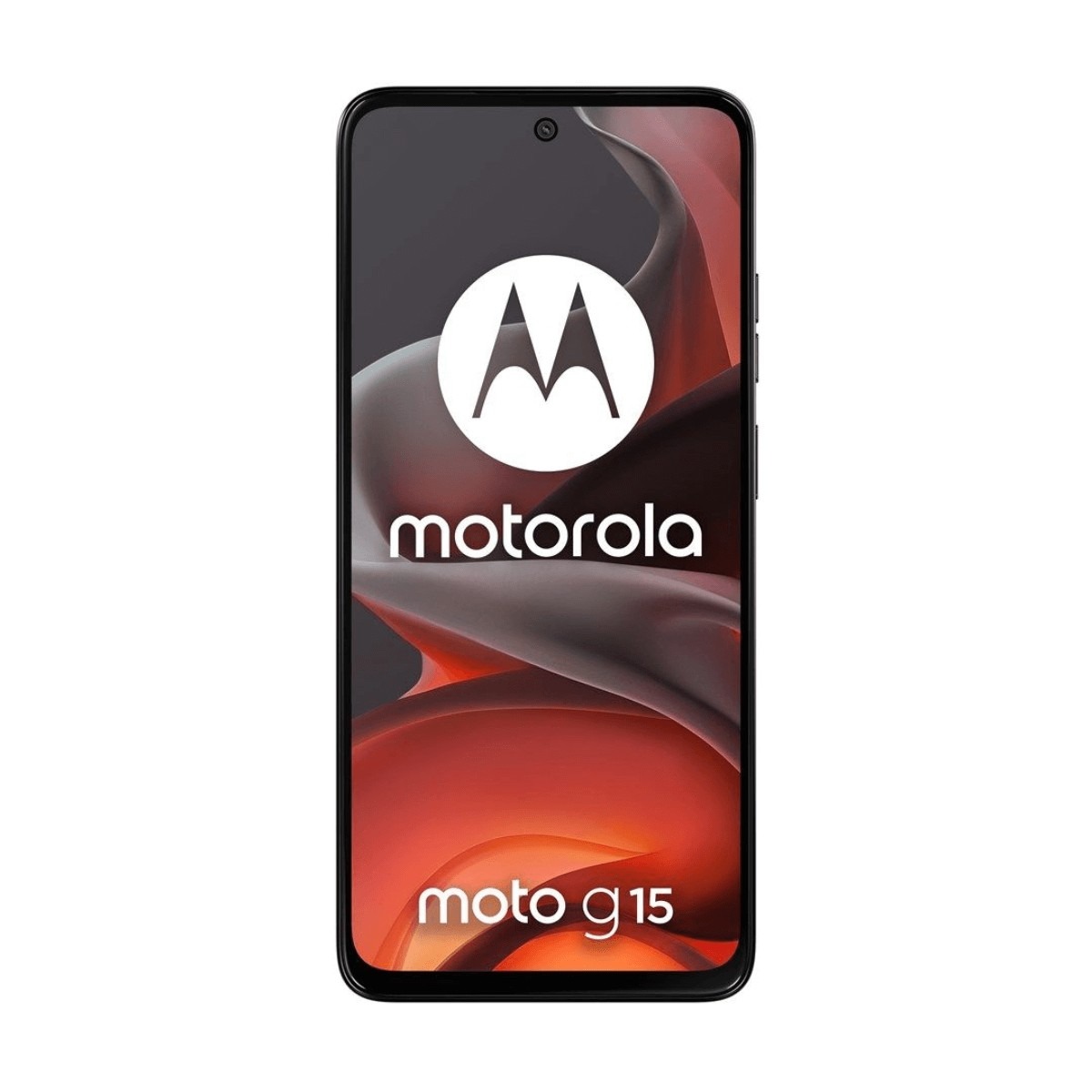 Vista frontale dello smartphone Motorola Moto G15 con logo Motorola e sfondo astratto.