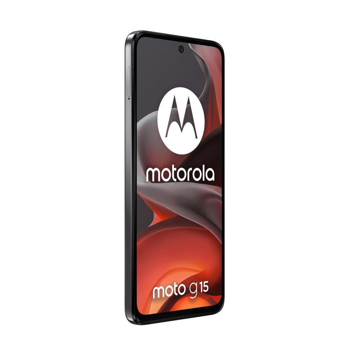 Uno smartphone Motorola nero inclinato a destra mostra il logo, il nome del marchio e moto g15 sullo schermo.
