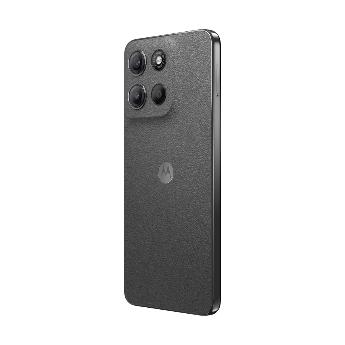 Retro di uno smartphone grigio con corpo testurizzato, tre obiettivi della fotocamera in alto a sinistra e logo Motorola.
