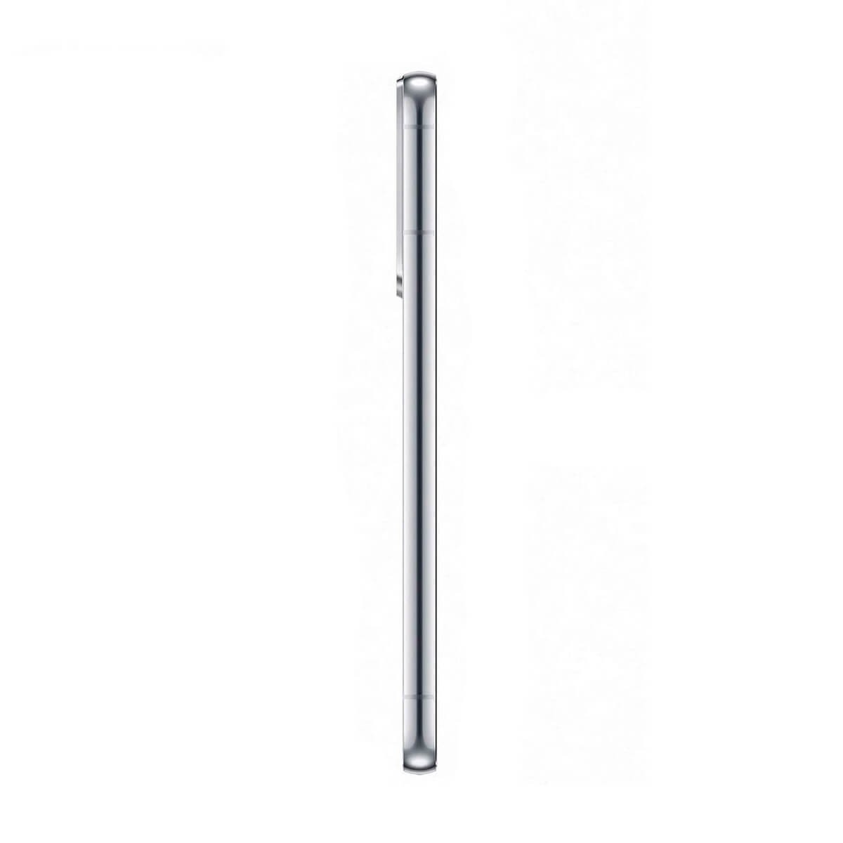 Vista laterale di un sottile smartphone argento con tasti del volume su sfondo bianco.