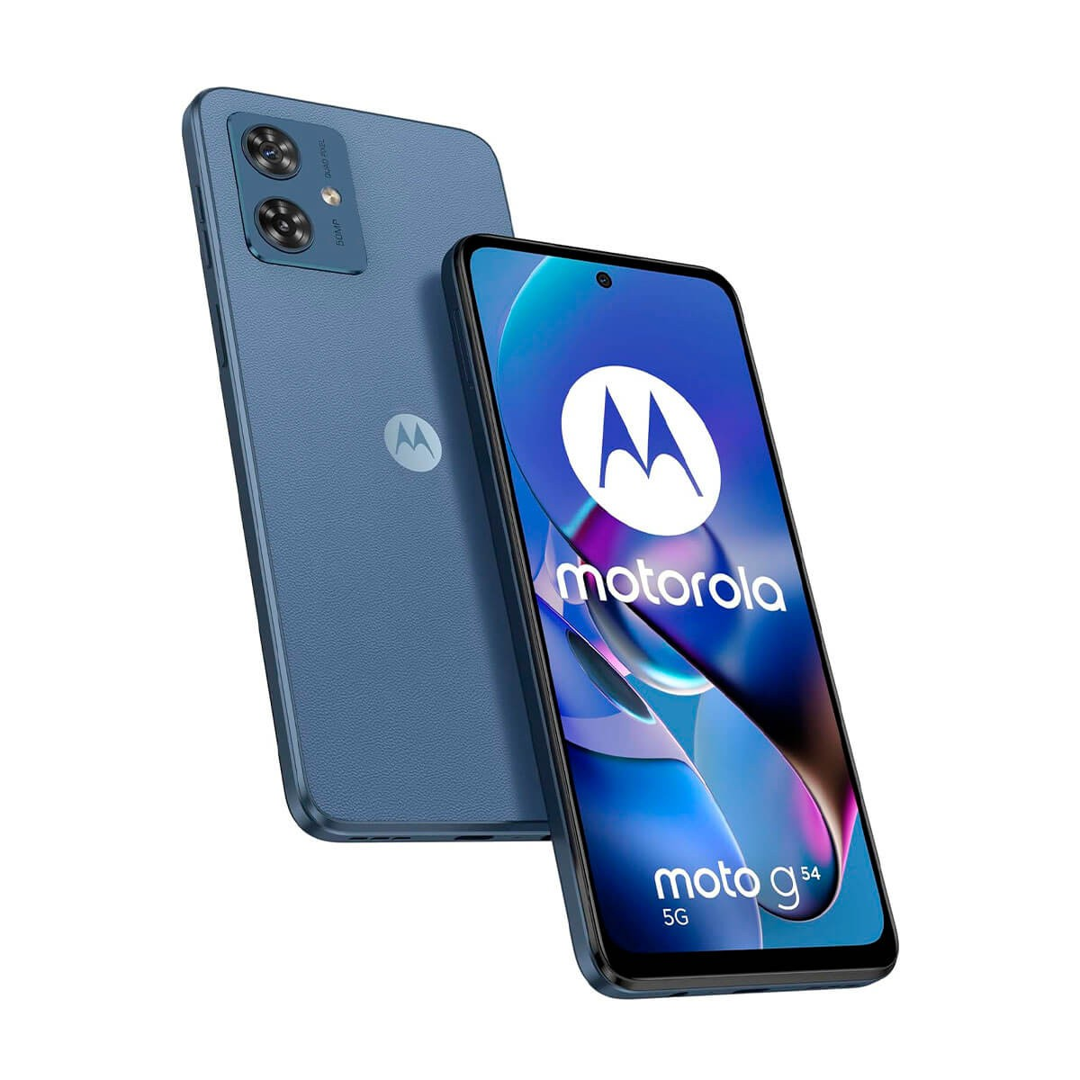 Front and back views of a blue Motorola Moto G54 5G smartphone showcasing its camera and logo.