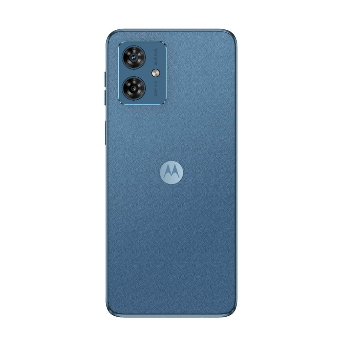 Back of a blue Motorola smartphone with two camera lenses and the brand logo in the center.