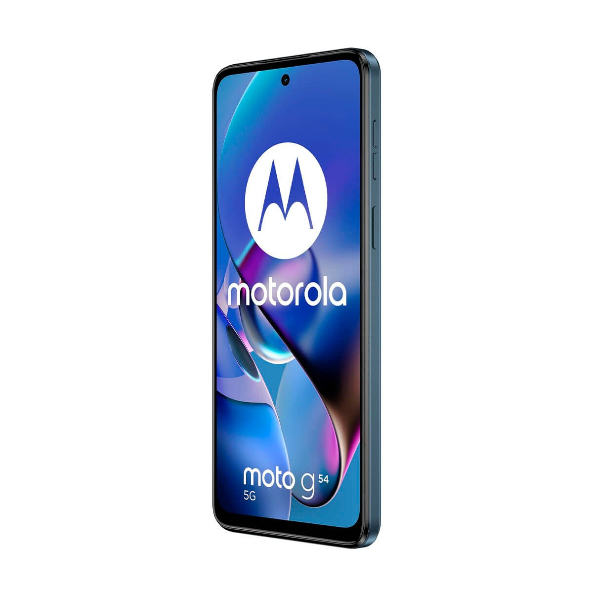 A blue Motorola Moto G54 5G smartphone stands upright, displaying the Motorola logo on its screen.
