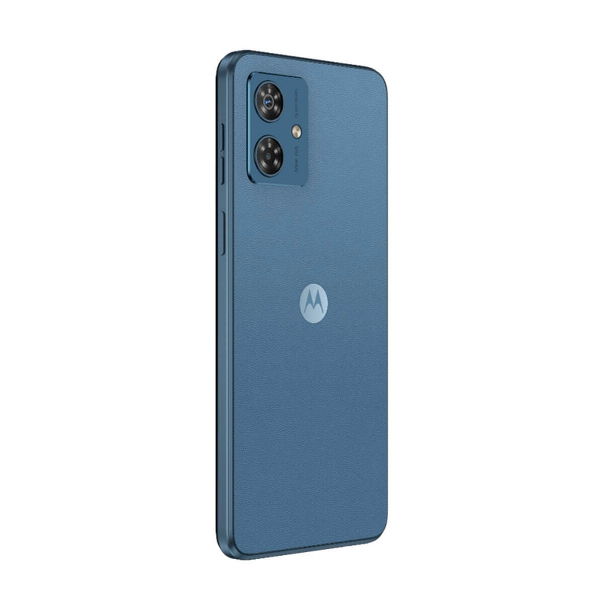 Back of a blue Motorola smartphone featuring a dual-camera module and the Motorola logo.