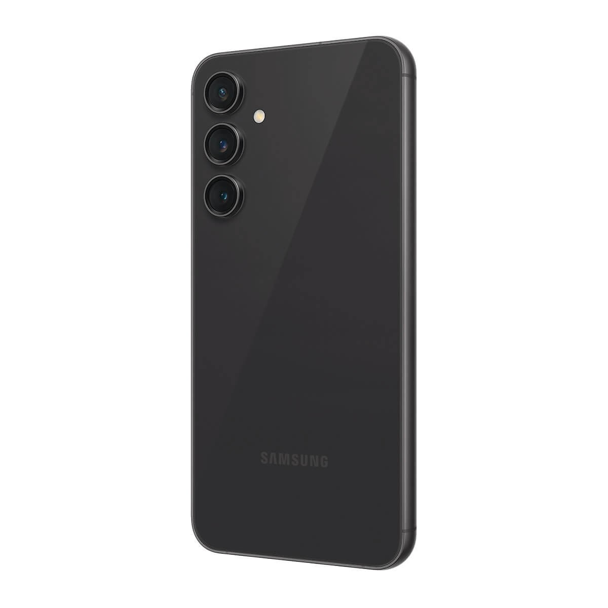 Retro di uno smartphone Samsung nero con tre fotocamere verticali e il logo Samsung.
