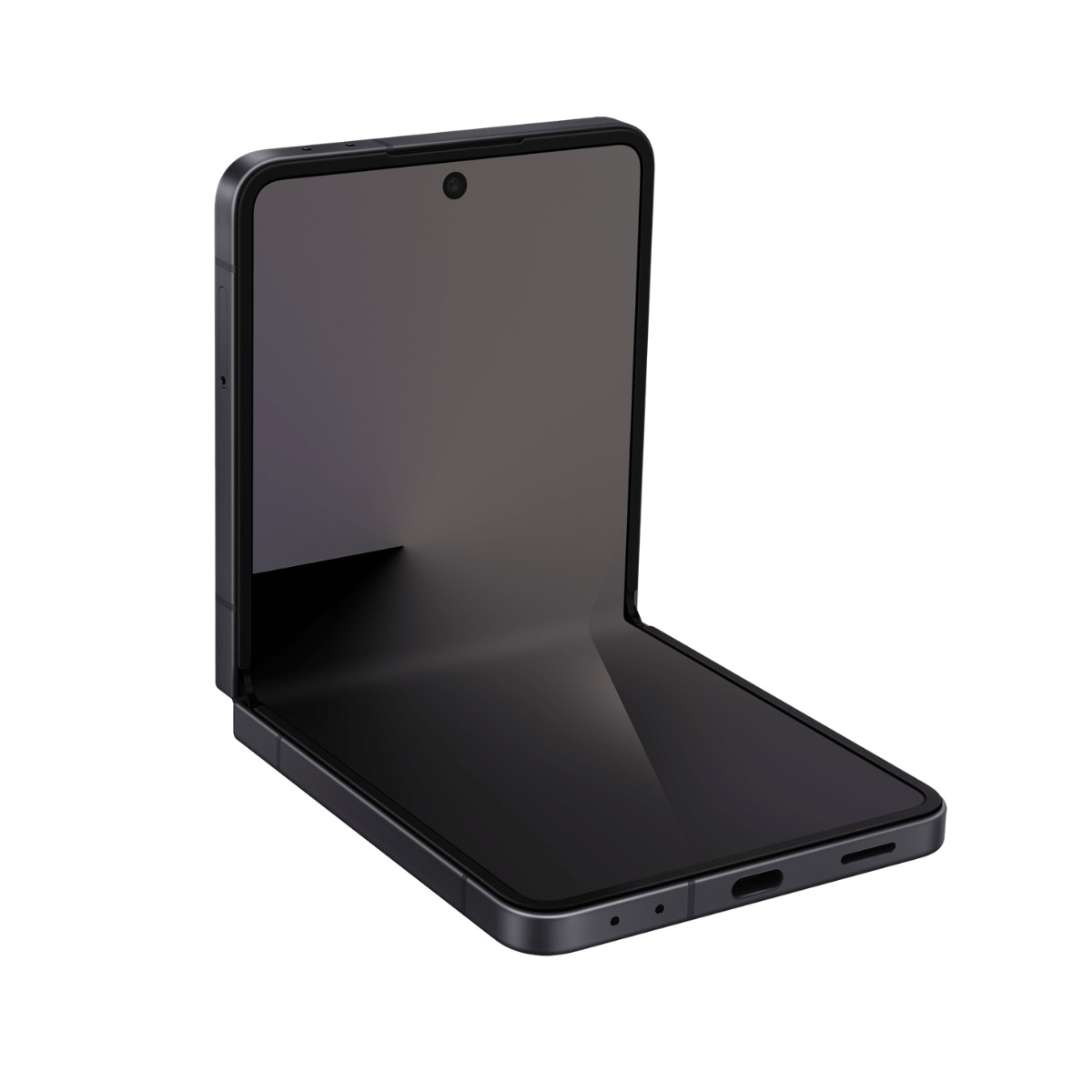 Een zwarte opvouwbare smartphone is half open en toont een donker scherm tegen een witte achtergrond.