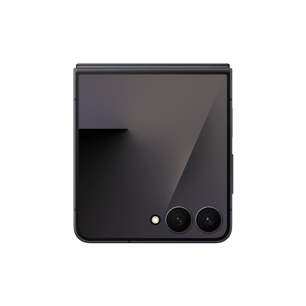 Een gesloten zwarte klaptelefoon van voren, met twee camera's en een flitser onderaan.