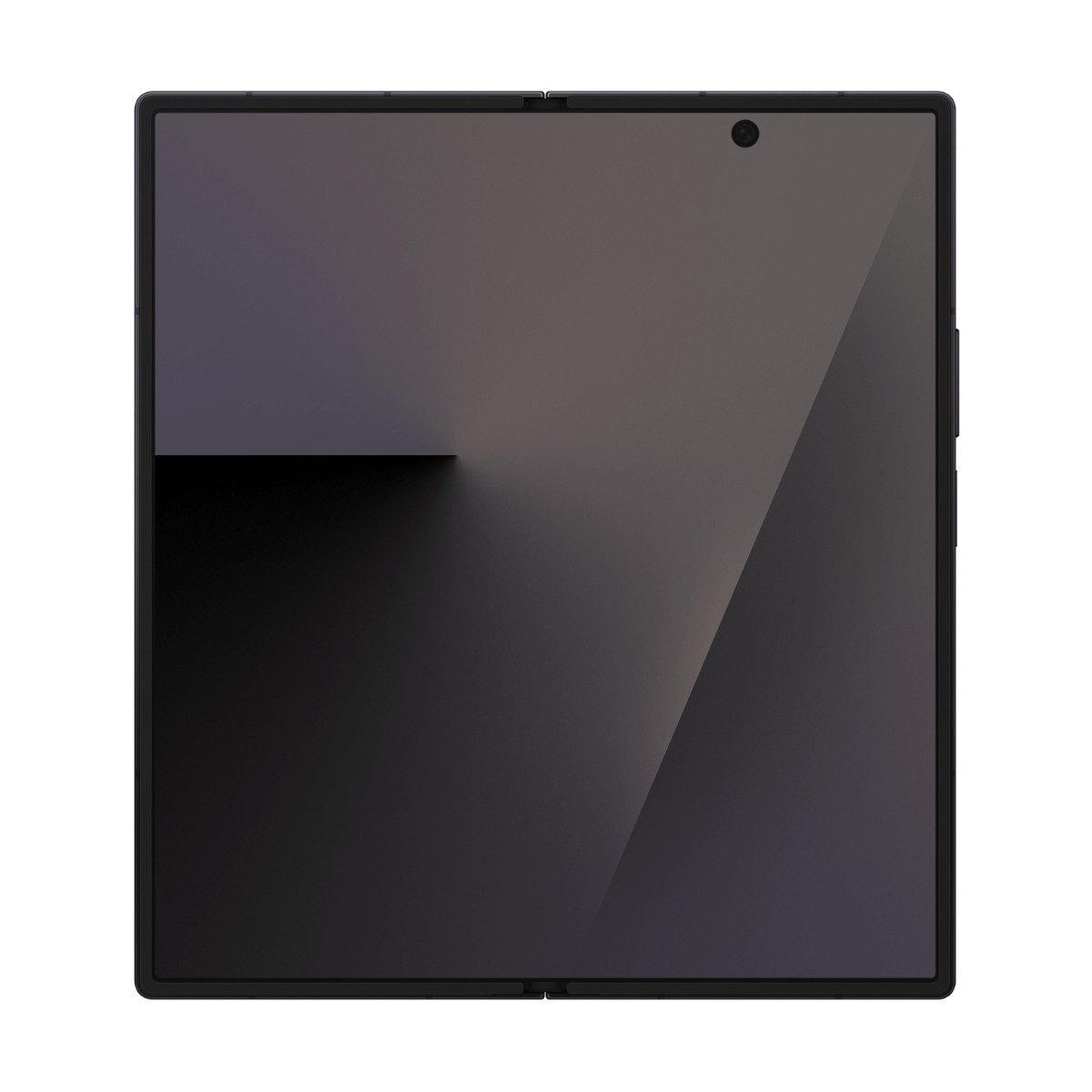 Un smartphone pliable noir ouvert vu de face avec un écran sombre.