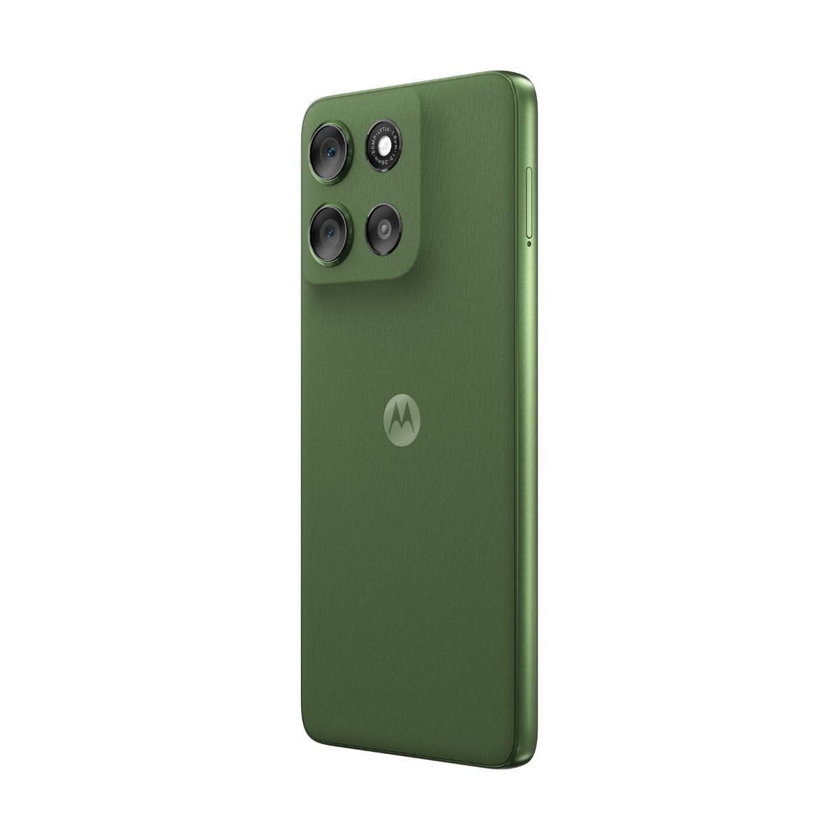 Vista posteriore di uno smartphone Motorola verde con quattro moduli fotocamera e logo.