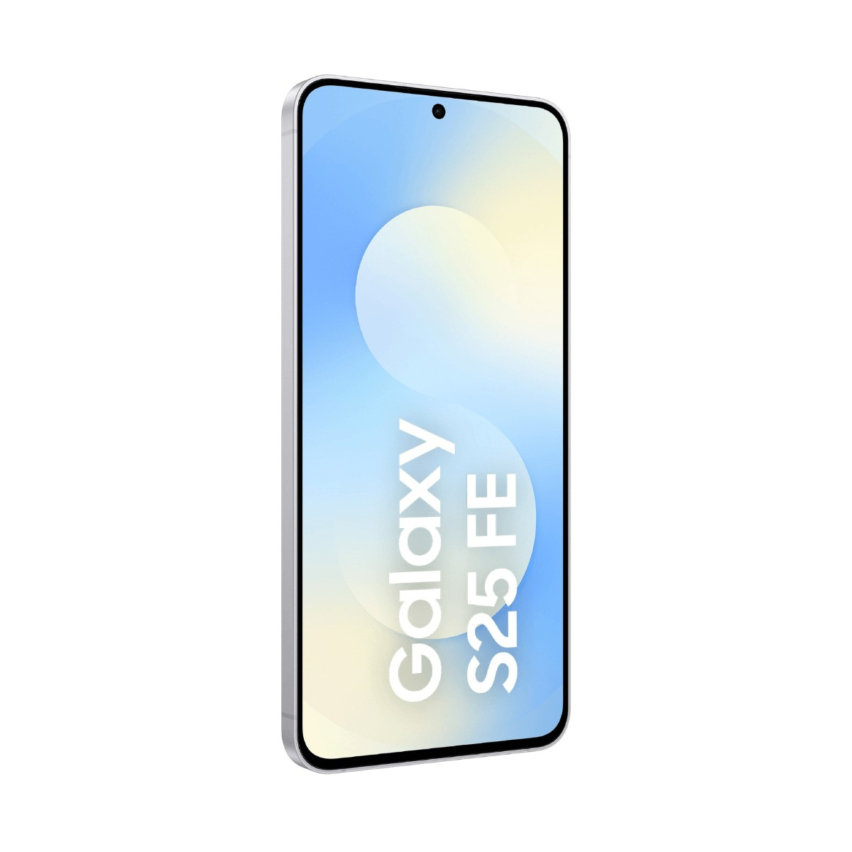 Ein silbernes Smartphone zeigt den Text Galaxy S25 FE auf einem blauen und gelben Hintergrund.