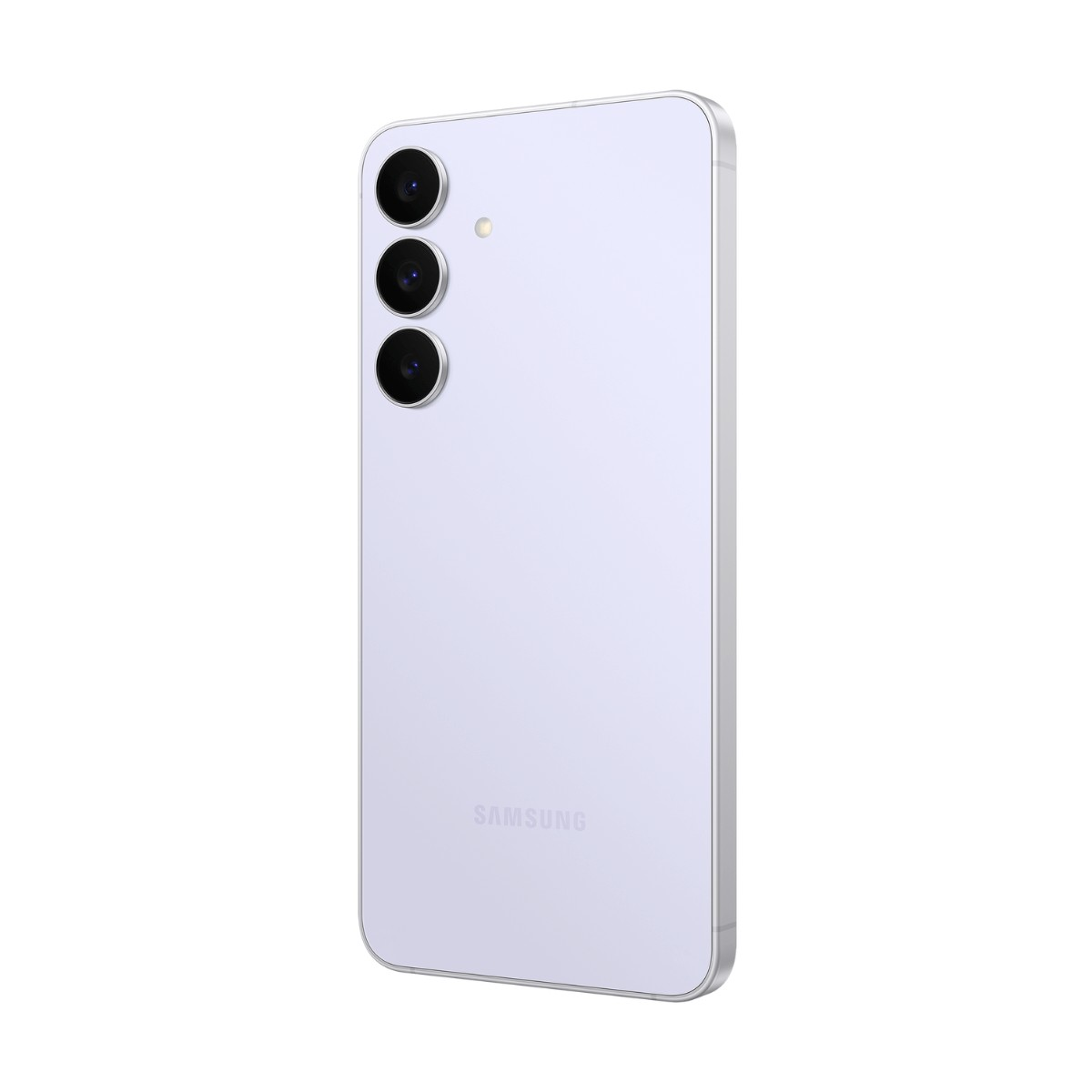 Rückansicht eines hellvioletten Smartphones mit drei vertikal angeordneten Kameralinsen und Samsung-Logo.