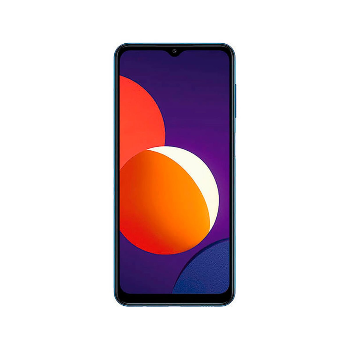 Ein Smartphone mit dunklem Bildschirm und einem abstrakten Muster aus orangen, gelben und blauen Kreisen auf violettem Grund.