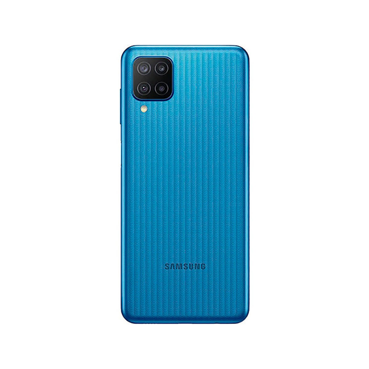 Rückseite eines blauen Samsung-Smartphones mit gemusterter Oberfläche und quadratischem Quad-Kameramodul.