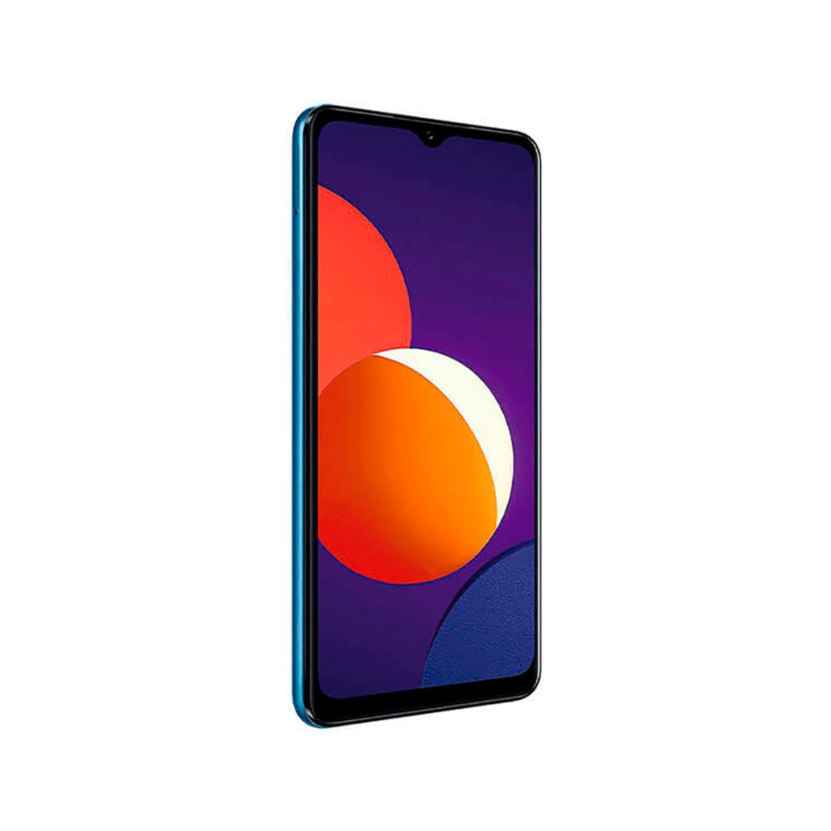Ein blaues Smartphone mit einem farbenfrohen abstrakten Hintergrundbild auf dem Bildschirm, leicht nach rechts geneigt.