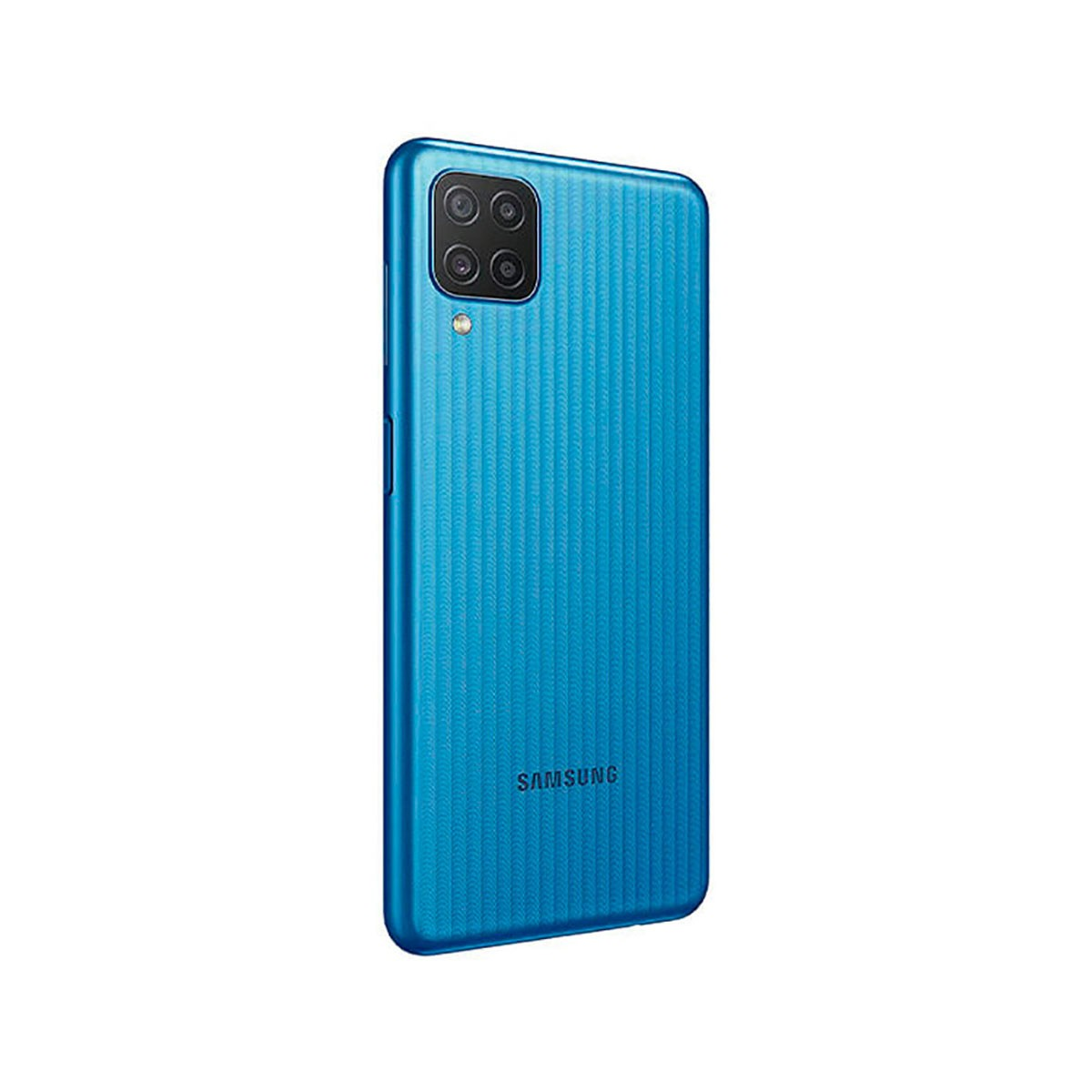 Blaue Samsung-Smartphone-Rückseite mit quadratischem Kameramodul, Blitz und feinem Rillenmuster auf weißem Hintergrund.