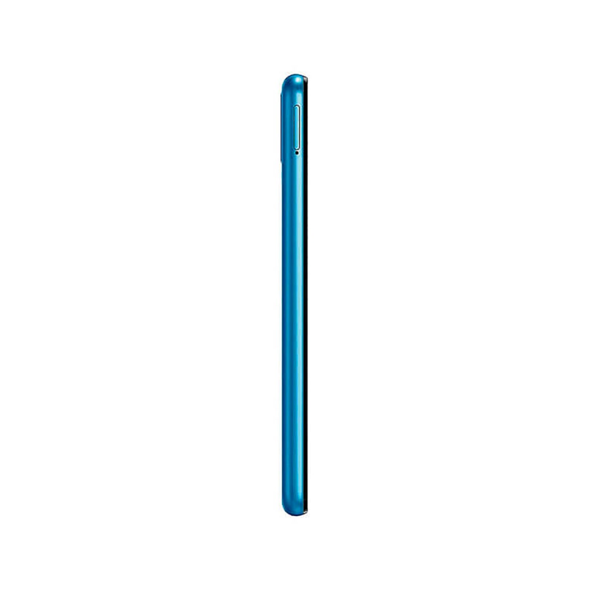 Seitenansicht eines blauen Smartphones mit Lautstärketasten gegen einen weißen Hintergrund.