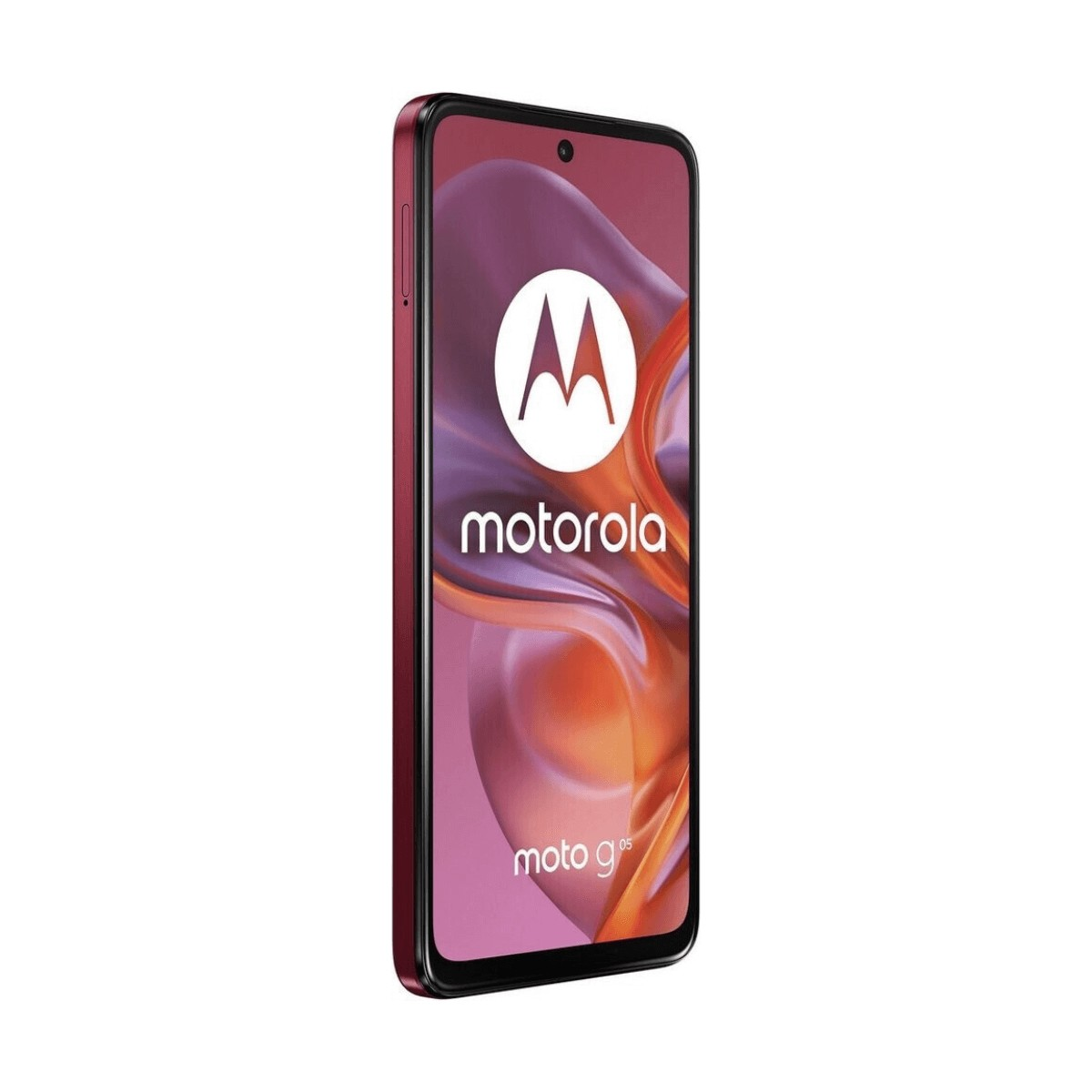 Uno smartphone Motorola rosso scuro inclinato a destra, che mostra il logo Motorola su uno sfondo colorato.